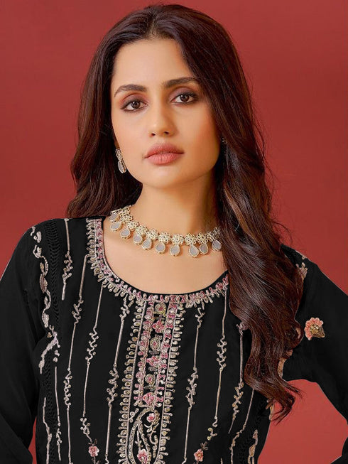 Black Georgette Pant Suit Acy9978 Closure View