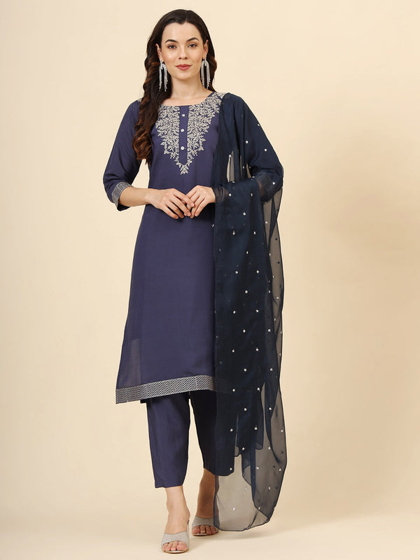 Navy Blue Muslin Silk Blend Pant Suit Acy9979