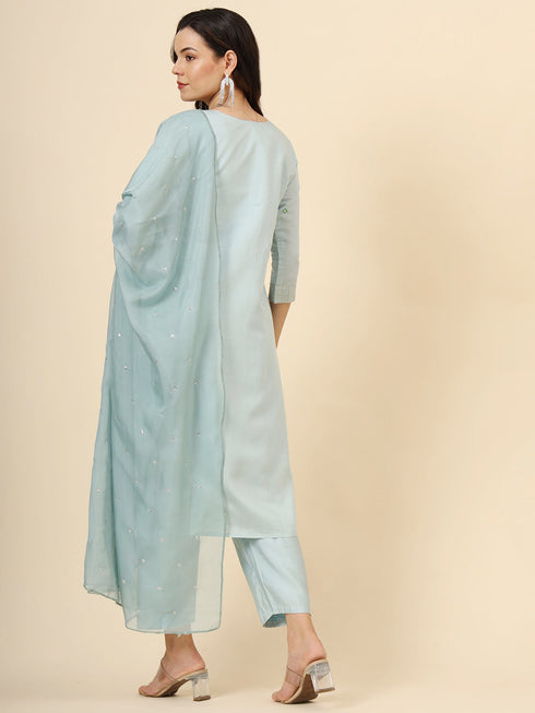 Blue Muslin Silk Blend Pant Suit Acy9982 Closure View