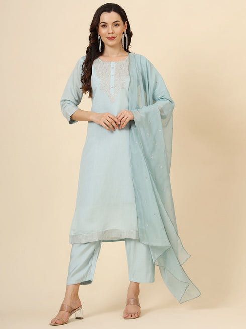 Blue Muslin Silk Blend Pant Suit Acy9982