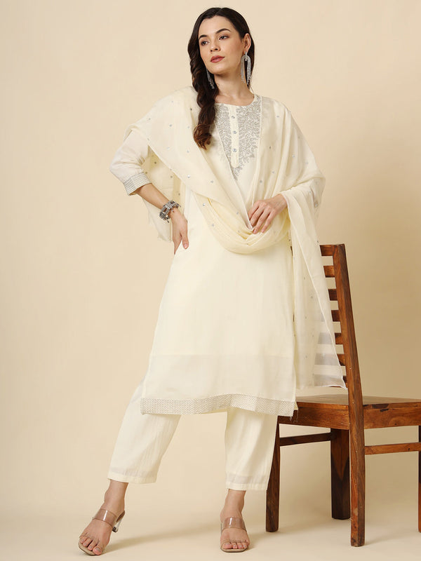Cream Muslin Silk Blend Pant Suit Acy9984