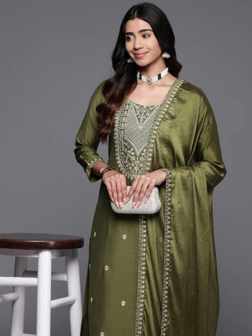 Green Chanderi Viscose Pant Suit Acz3146 Back View