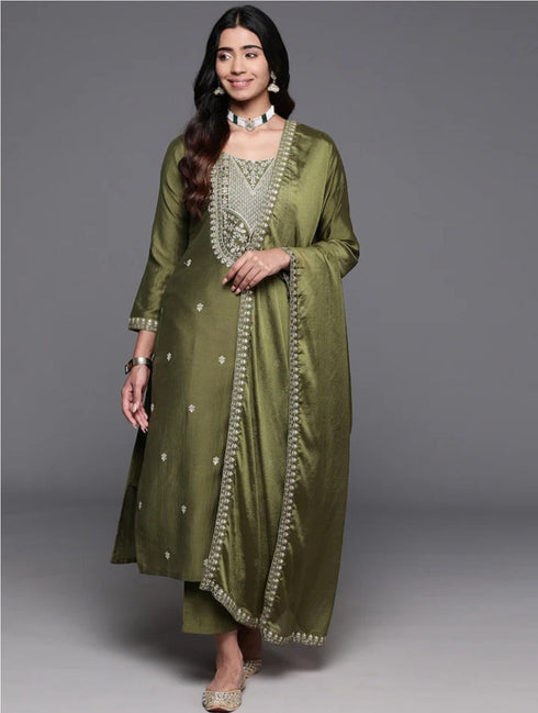 Green Chanderi Viscose Pant Suit Acz3146