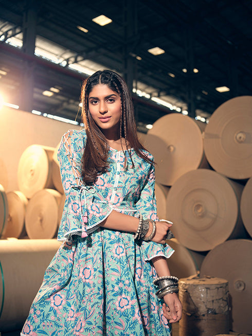 Blue Cotton Anarkali Suit Acz3156 Back View