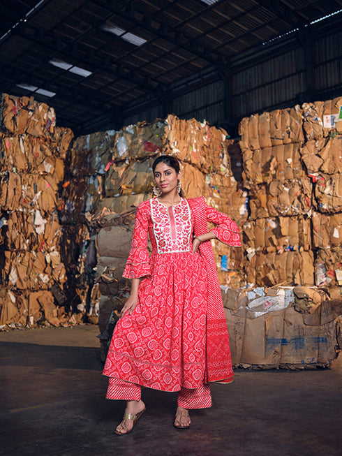 Red Cotton Anarkali Suit Acz3161