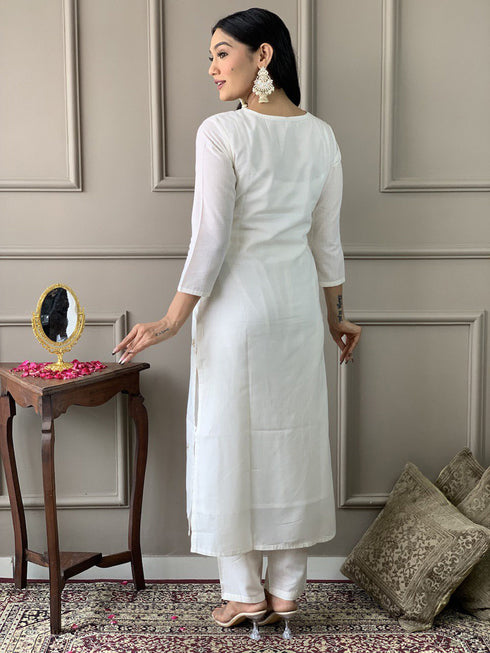 White Chanderi Viscose Pant Suit Acz3172 Closure View