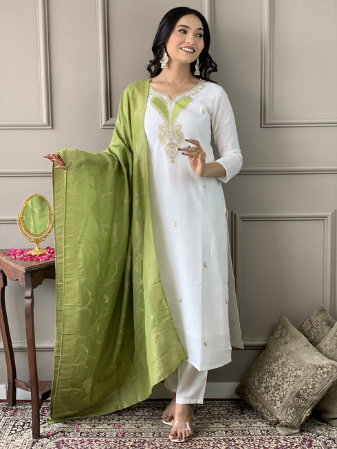 White Chanderi Viscose Pant Suit Acz3172