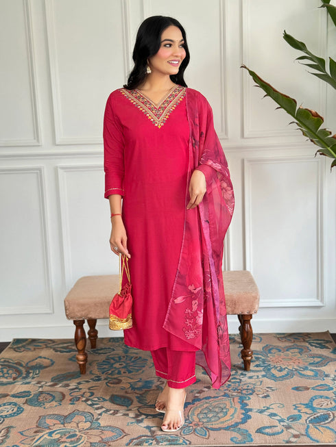 Red Viscose Rayon Pant Suit Acz3175