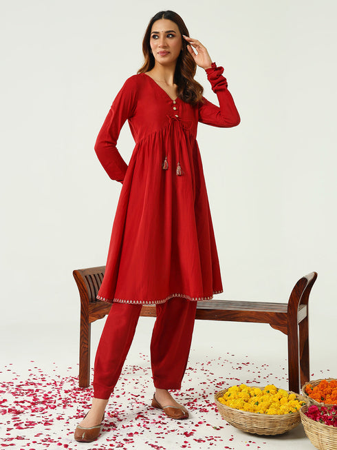 Red Chanderi Pant Suit Acz3232 Closure View