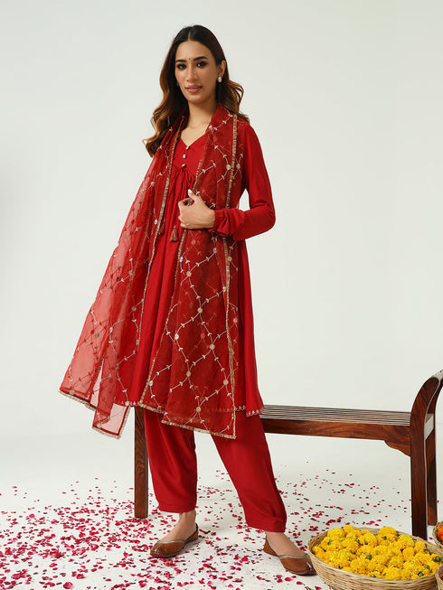 Red Chanderi Pant Suit Acz3232 Back View