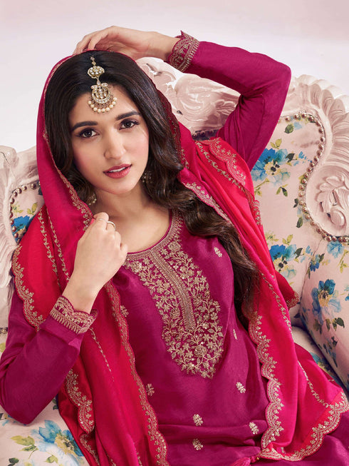 Pinkish Red Vichitra Palazzo Suit Acz3266 Closure View