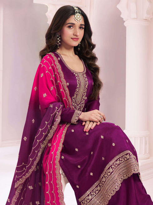 Grape Purple Vichitra Palazzo Suit Acz3268 Closure View