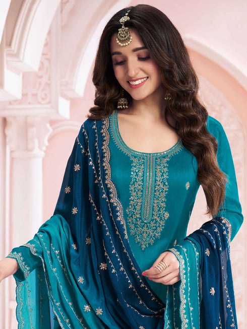 Teal Blue Vichitra Palazzo Suit Acz3269 Closure View