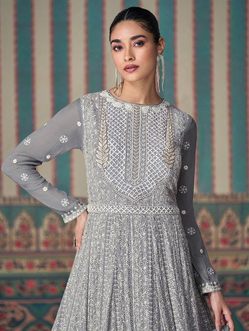 Grey Georgette Anarkali Suit Acz3278 Closure View
