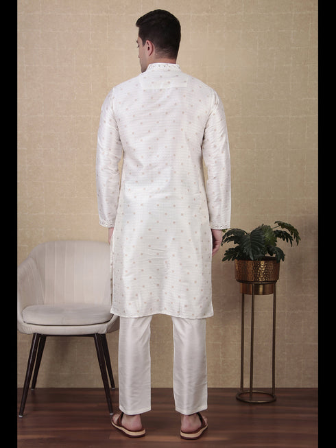White Kurta Jacquard Silk Payjama Closure View