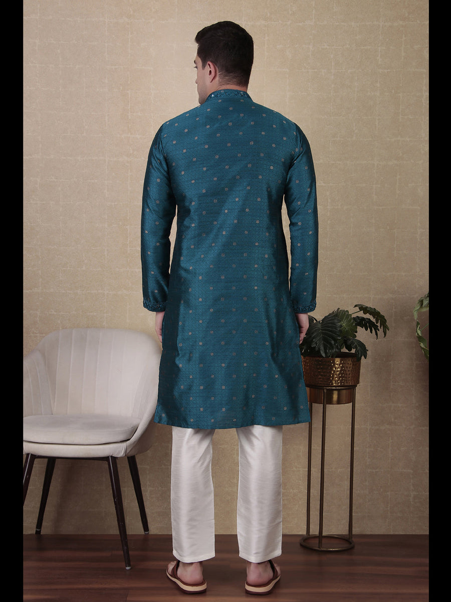Yellow Men's Wear ReadyMade Kurta Payjama With Designer Wevon Mirror Embroidery Work main image 1