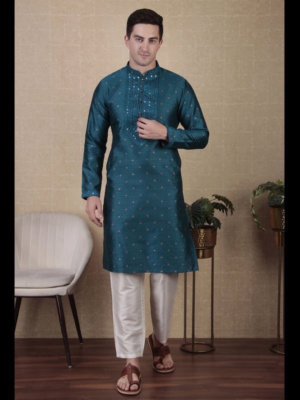 Teal Kurta Jacquard Silk Payjama