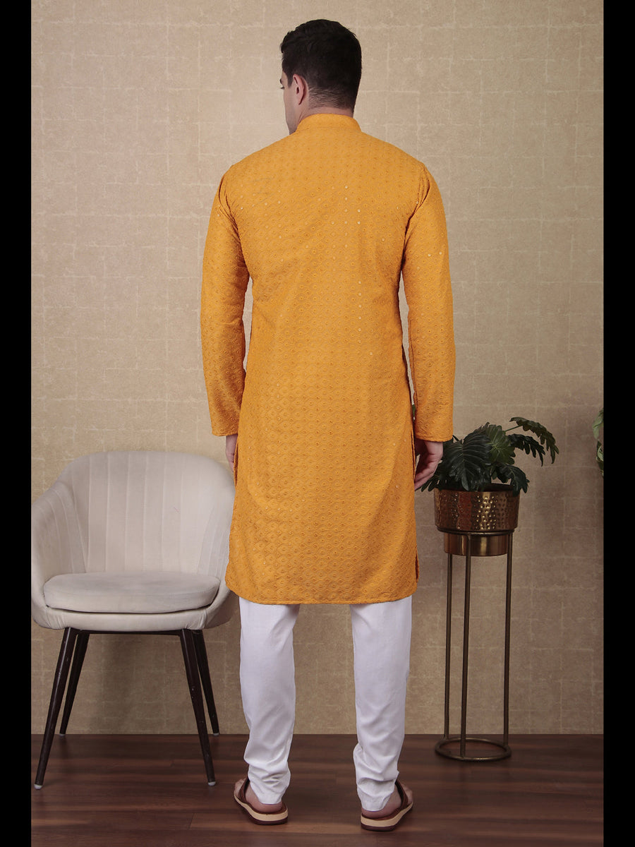 Yellow Elegant Cotton Embroidered Kurta Pyjama- Rent main image 1