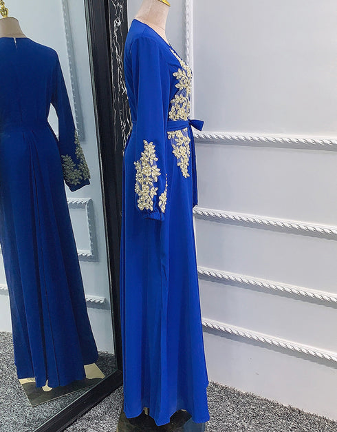 Embroidered Abaya Kaftan Dress with Waist Tie for Women