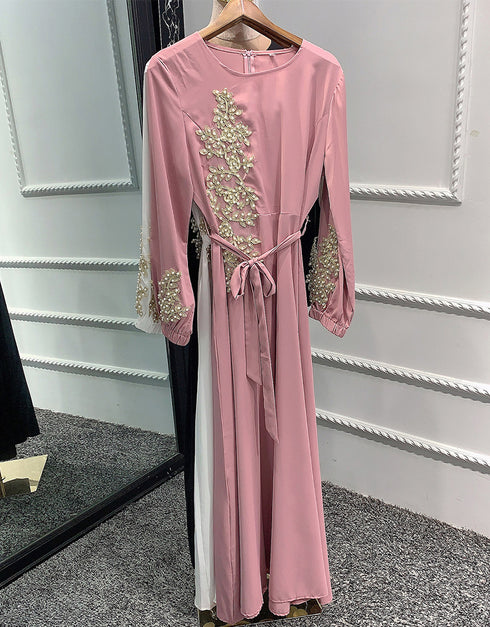 Embroidered Abaya Kaftan Dress with Waist Tie for Women