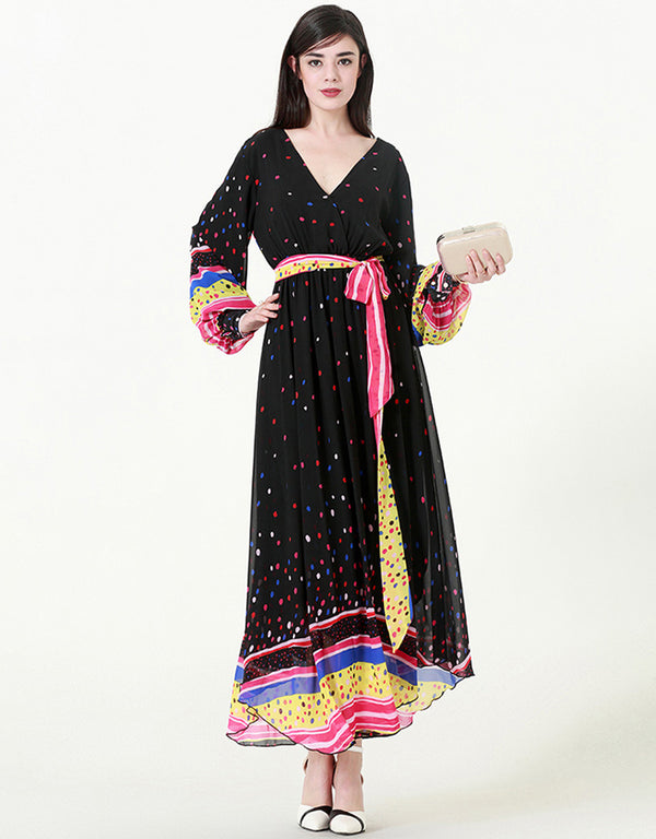 V-Neck Chiffon Muslim Dress with Colorful Polka Dots and Lantern Sleeves