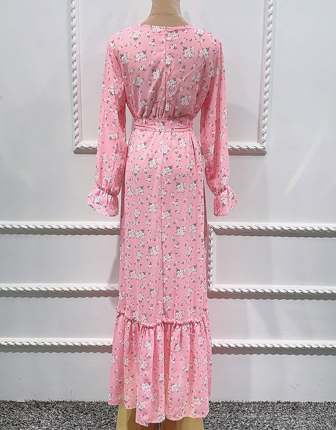 Little Flowers Abaya Kaftan Dress with Waist Tie for Women