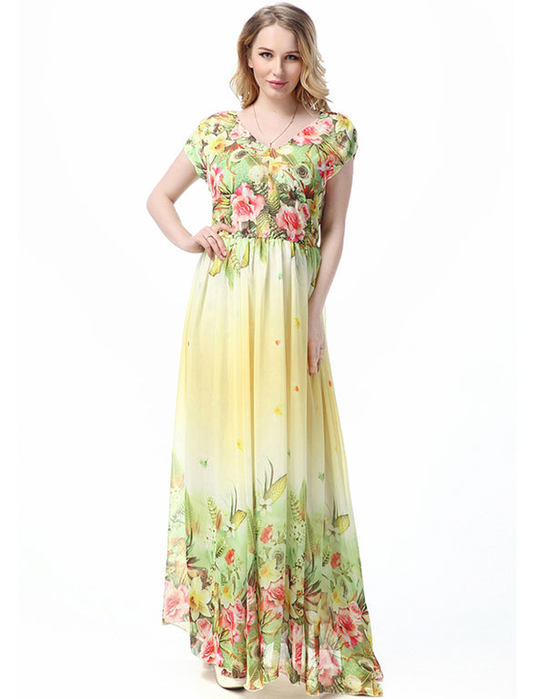 Chiffon Short-Sleeved Swing Dress with flowers Print