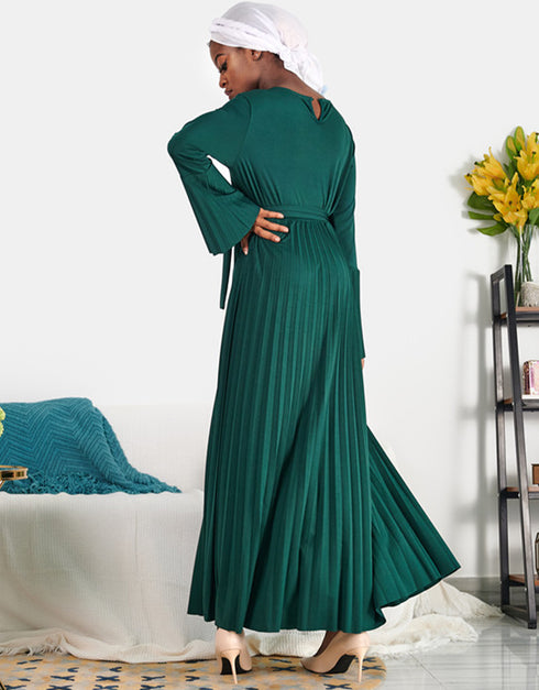 V-neck Hijab Caftan Dress with Flared Sleeves and Belt for Women