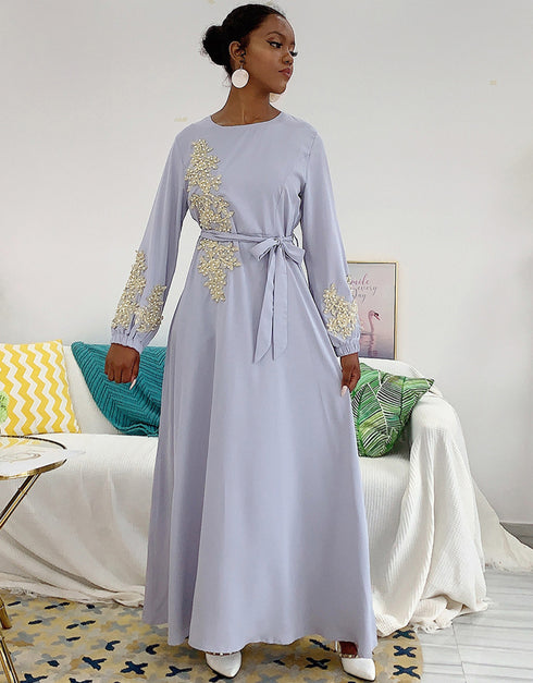 Embroidered Abaya Kaftan Dress with Waist Tie for Women