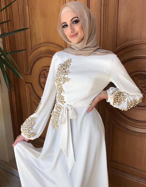 Embroidered Abaya Kaftan Dress with Waist Tie for Women