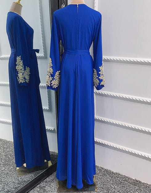 Embroidered Abaya Kaftan Dress with Waist Tie for Women