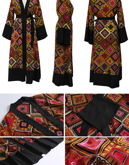 Modest Dress with Printed Retro Contrast Cardigan