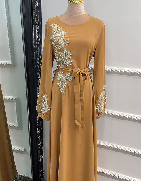Embroidered Abaya Kaftan Dress with Waist Tie for Women