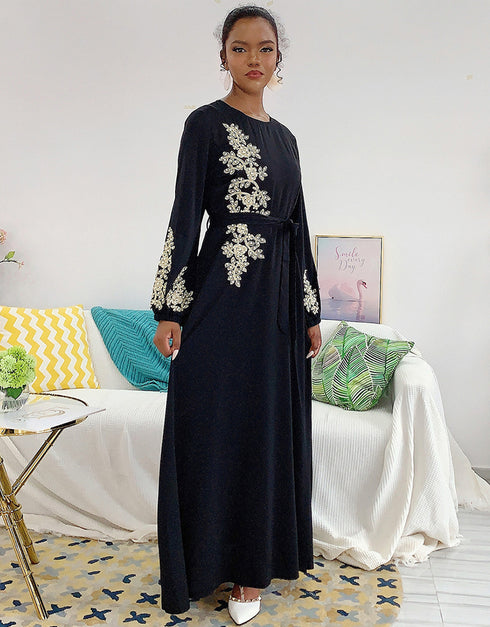 Embroidered Abaya Kaftan Dress with Waist Tie for Women