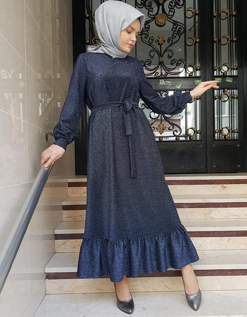 Women's Knit Caftan Dress with Abaya Embroidery and Waist Tie