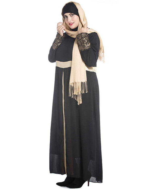 Stylish Muslim Abaya in Chiffon Satin with Subtle Stitching and Long Sleeves