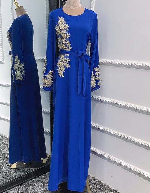 Embroidered Abaya Kaftan Dress with Waist Tie for Women