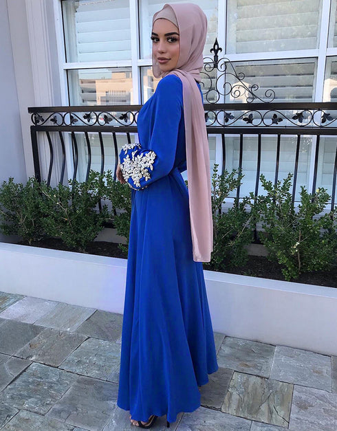 Embroidered Abaya Kaftan Dress with Waist Tie for Women