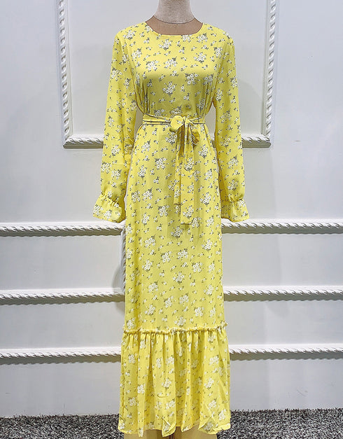 Little Flowers Abaya Kaftan Dress with Waist Tie for Women