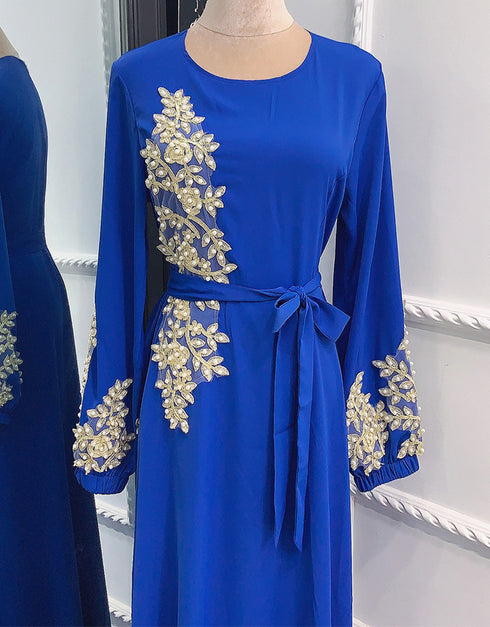 Embroidered Abaya Kaftan Dress with Waist Tie for Women