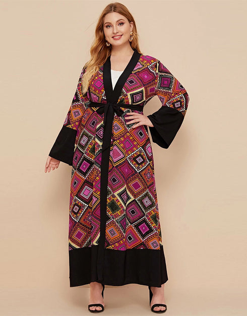 Modest Dress with Printed Retro Contrast Cardigan
