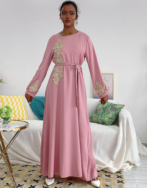 Embroidered Abaya Kaftan Dress with Waist Tie for Women