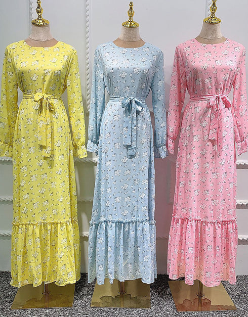 Little Flowers Abaya Kaftan Dress with Waist Tie for Women