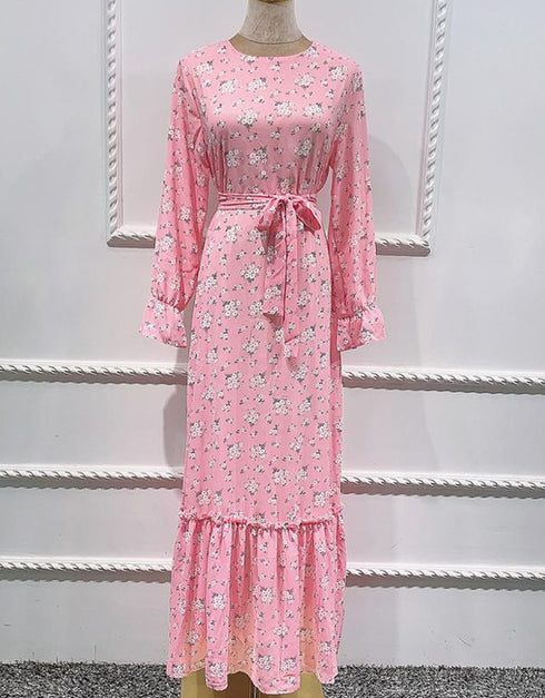Little Flowers Abaya Kaftan Dress with Waist Tie for Women