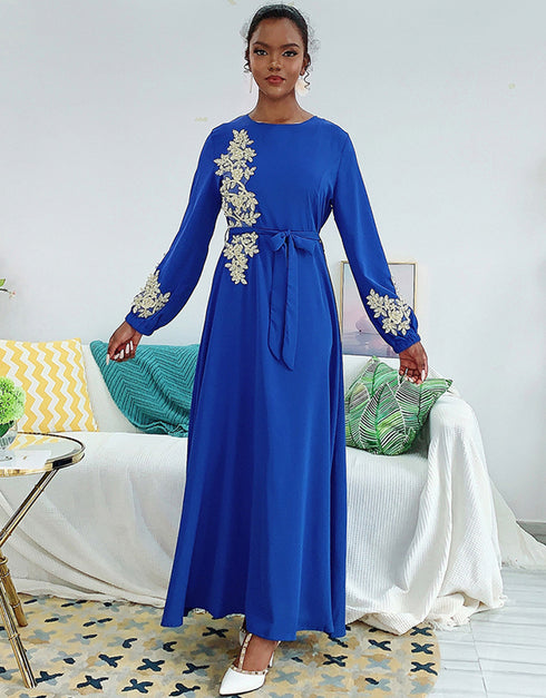 Embroidered Abaya Kaftan Dress with Waist Tie for Women