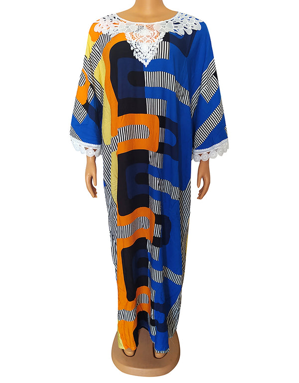 Colorful O-neck Bat Sleeve Kaftan for Women in African Print