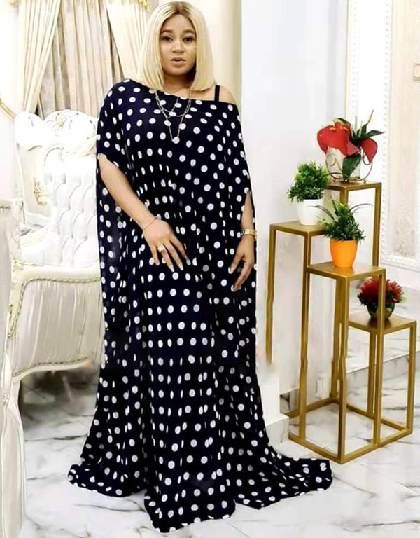 Vintage African Print Maxi Gown with Half Sleeves and White Dots