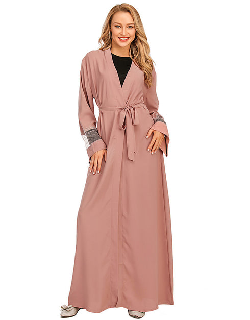 Muslim Cardigan for Women with Mesh Stitching and Hot Drilling