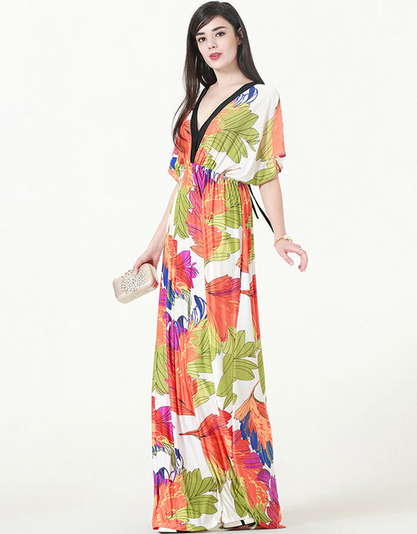 V-Neck Bat Sleeve Ice Silk Bohemian Long Skirt Dress for Summer