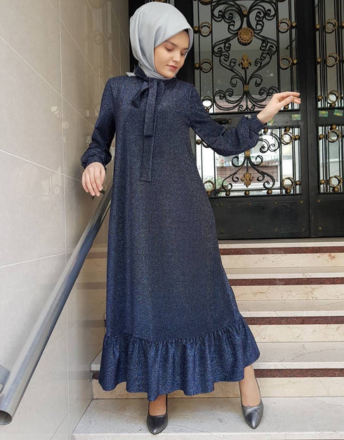Women's Knit Caftan Dress with Abaya Embroidery and Waist Tie
